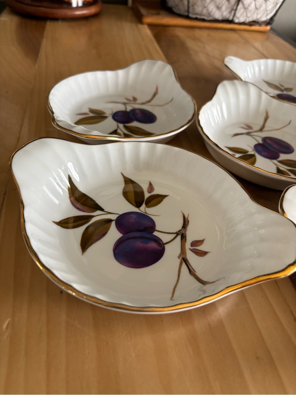 Royal Worcester White Porcelain Dishes with Purple Plum Motif and Gold Trim
